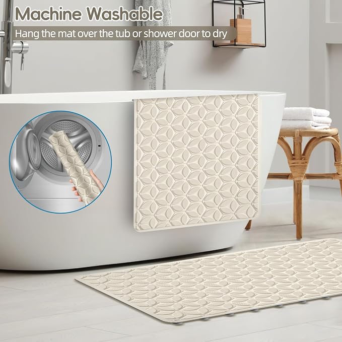 Bathtub Mat Non Slip with Suction Cups - 100% Rubber Bathroom Mat Textured for Bath Tub Shower Safety - Soft on Touch - BPA/PVC Free - Pet Dog Bath Mat - Machine Washable - 16 × 28 Inch（Beige）