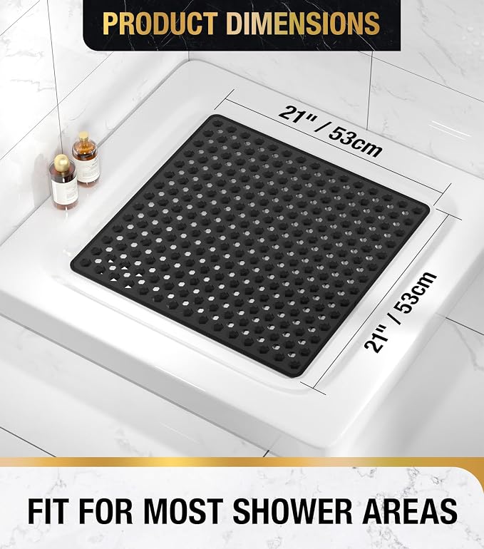 HITSLAM Shower Mat Anti Slip, Square Bath Mat for Tub Non Slip with Suction Cups and Drain Holes, 21x21 Inch Bathroom Shower Stall Floor Mat, Machine Washable, Soft on Feet, Black