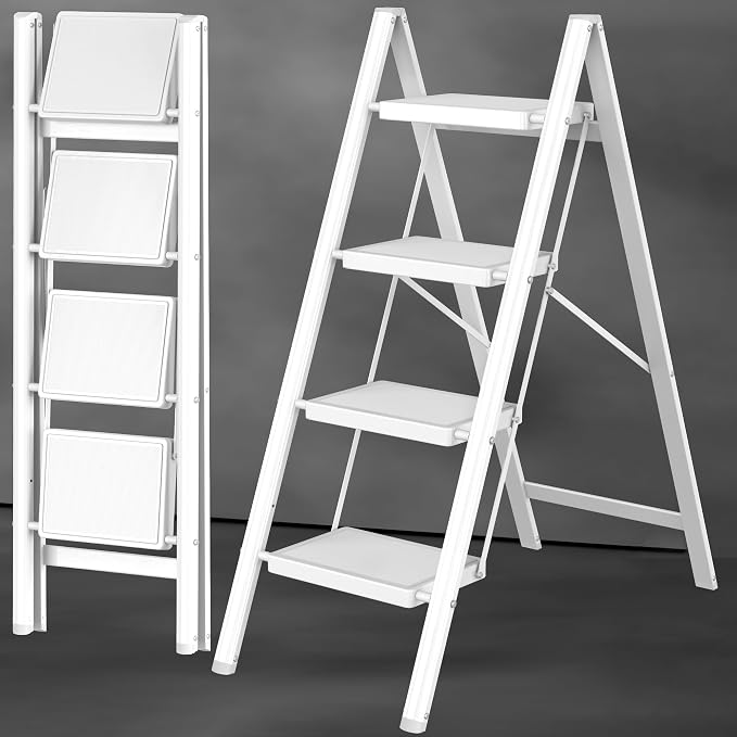 DIAMONDFORGE 4 Step Ladder, Folding Step Stool with Anti-Slip Wide Pedal, Anti-Slip Feet, Sturdiest Steel Construction, 330lbs Capacity Steel Ladder for Home and Office, White