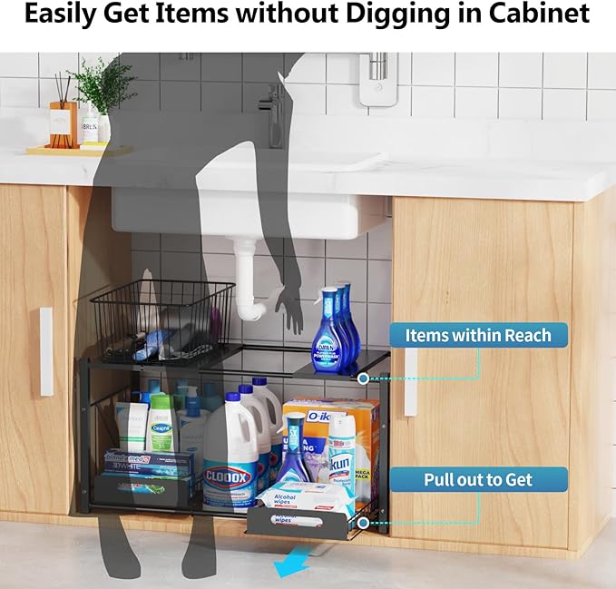 iSPECLE Extendable Under Sink Organizer - 2 Tier Expandable Under Cabinet Organizer Shelf with Height Adjustable Add Extra Space and Easy Access for 22" to 32" Wide Sink Cabinet, Black