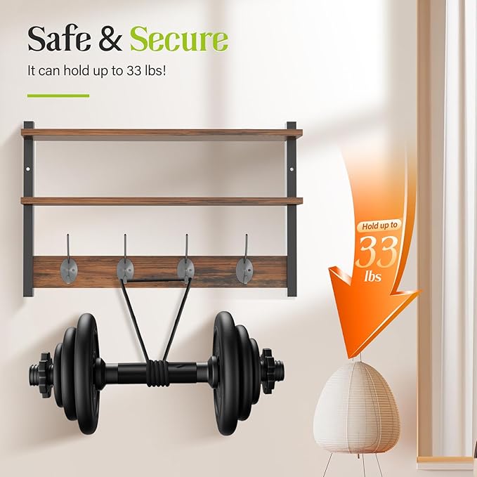 Two-Tier Wall Shelf with Hooks, 17" Coat Rack Wall Mount with Shelf, Key Hooks for Wall with Heavy Duty Double Hooks, Coat Hook Wall Mounted for Bedroom, Living Room, Rustic Brown