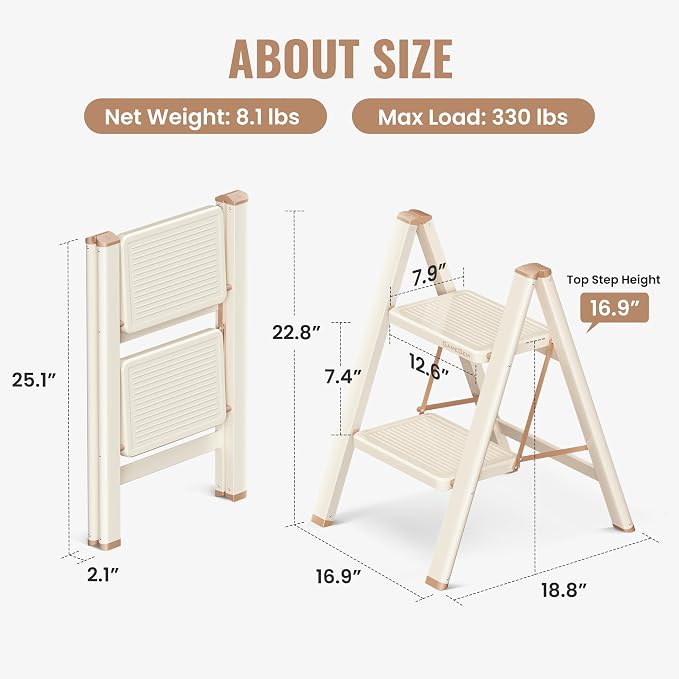 2 Step Ladder, 2 Step Stool for Adults, Folding Step Ladder with Secure Footing, Widened Pedal, Aesthetically Pleasing Looking, Blends Right into Domestic Rooms, Cream Chocolate