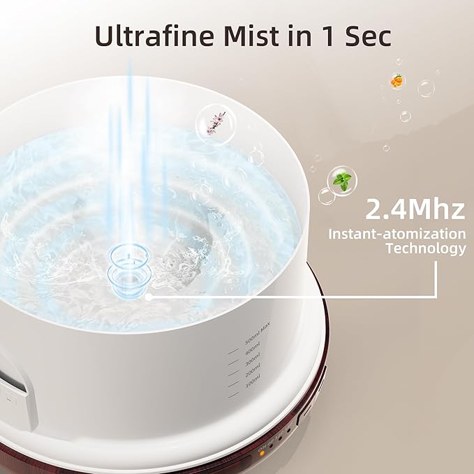 ASAKUKI Essential Oil Diffuser for Home, 500ML Aromatherapy Diffuser Humidifier with Remote Control, 7 Color LED Lights, Quiet Cool Mist Diffuser for Bedroom, Living Room, Office (Reddish-Brown)