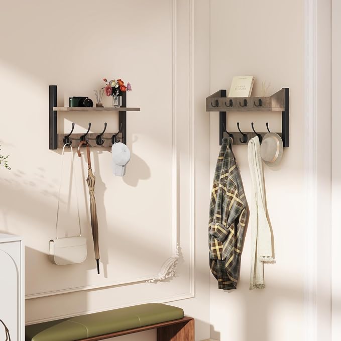 YMYNY 31.5" Coat Rack Wall Mount with Shelf, 4 in 1 Key and Coat Hanger with 12 Metal Hooks, Wall Shelf with Hooks & Mail Holder for Living Room, Bedroom, Silver Gray, HWS007Y-2