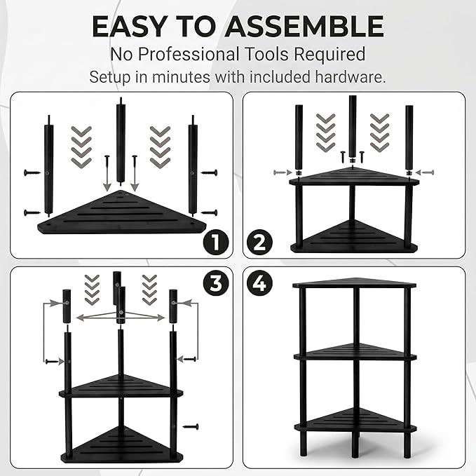 3-Tier Black Free Standing Corner Shower Caddy, Bamboo Wood Bathroom Shower Shelf Table for Inside Shower Organizer & Storage Foot Rest Shower Stool