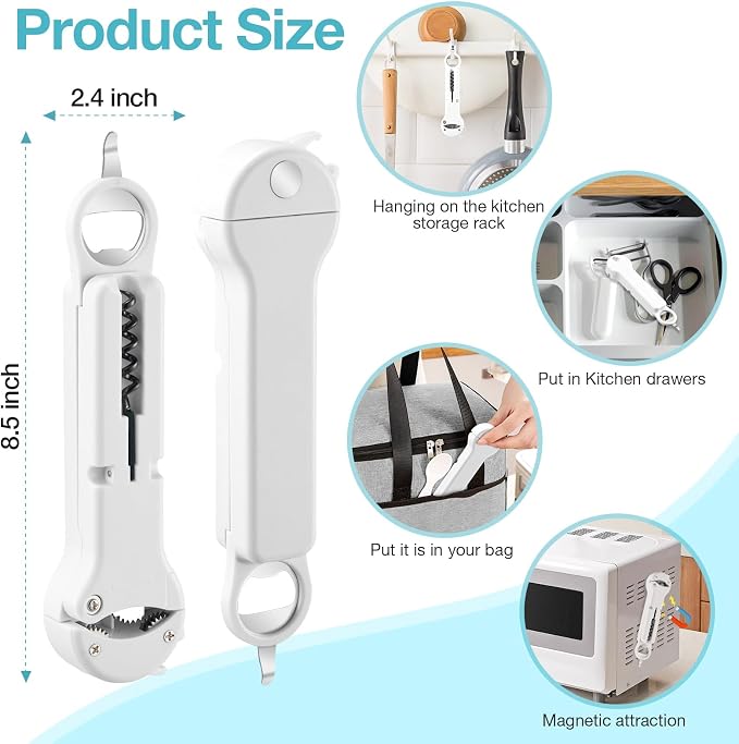 Jar Opener for Seniors with Arthritis, 7 in 1 Bottle Opener and Wine Corkscrew, Easy Grip Kitchen Gadget for Weak Hands Elderly, Retractable Jaw Lid Opener with Magnetic Storage (Off-White)