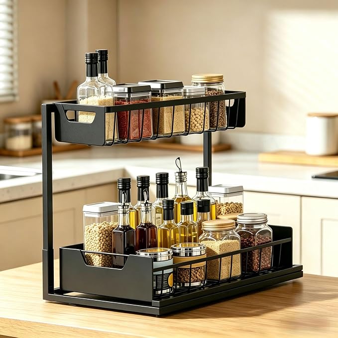 Ceetug Under Kitchen Sink Organizers and Storage Pull Out 2 Tier Metal Bathroom Cabinet Organizer (Black, 1 Pack)