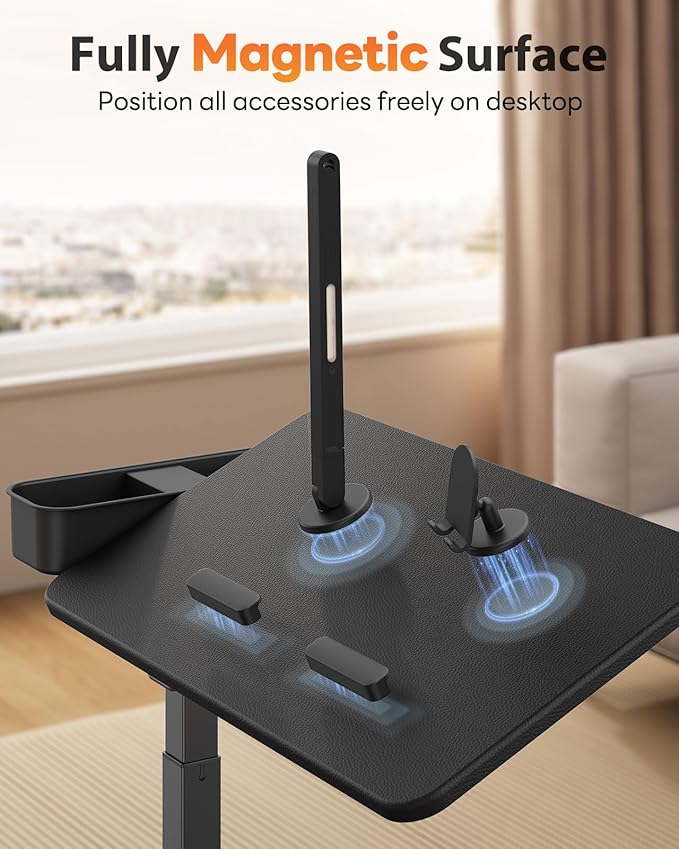 SAIJI Magnetic Overbed Bedside Table with Wheels, Height and 360° Angle Adjustable Over Bed Desk with Led Light, Portable Lengthened Rolling Laptop Standing Desk Mobile Bed Tables Hospital Home Use