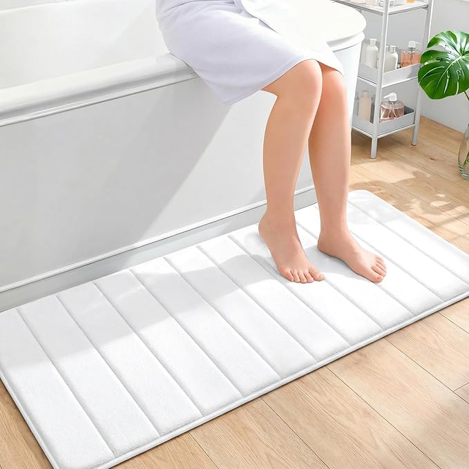 OLANLY Memory Foam Long Bathroom Rugs Runner 47x20, Super Soft Absorbent Bath Mat, Quick Dry, Machine Washable Shower Floor Rugs, Bathmat Carpet, Bathroom Home Decor Accessories, White
