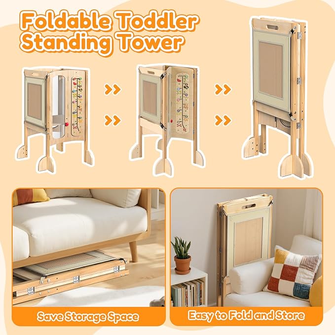 Foldable Toddler Tower, Kitchen Stool Helper with 2 Step Stool, Toddler Standing Tower for Kids with Safety Net, Adjustable Height, Chalk-Whiteboard &Montessori Activity Games