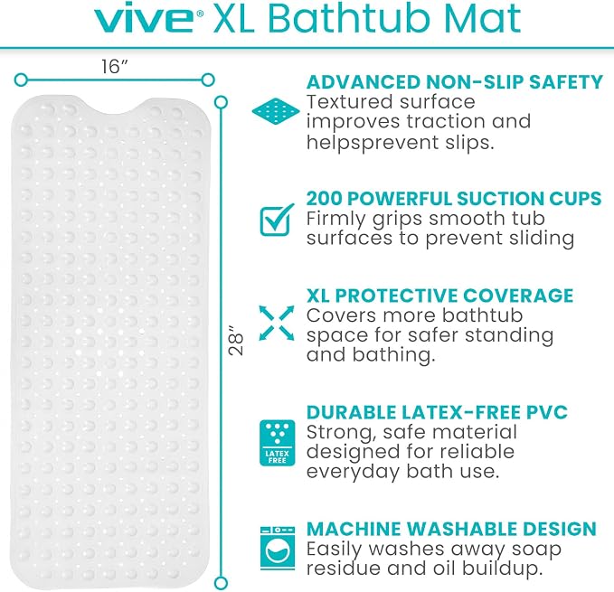 Vive Bathtub Mat for Bath & Shower Floors - Anti Non Slip Suction Rubber Skid Pad for Tub, Bathroom, Elderly, Kids - Eco-Friendly, Resistant Strong, Textured Rectangle Grip - Machine Washable (Clear)