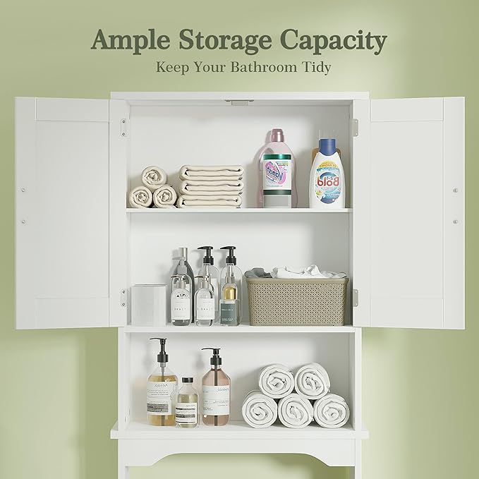 VECELO Over The Toilet Storage Cabinet, Over Toilet Bathroom Shelf with Double Doors and Anti-Tip Device, Inner Adjustable Shelf, White