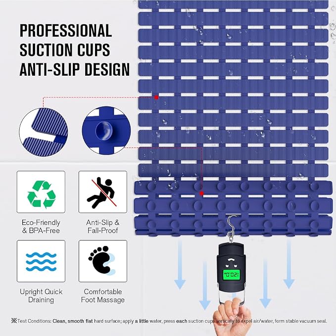 MBOSS Bath Tub Shower Mat Non Slip Bathtub Mats for Bathroom Shower Floor Mat Bath Mats for Shower Tub Anti Slip Shower Mat with Drain Hole and Large Suction Cups(Deep Blue, 27.5 X 15.7 Inch)