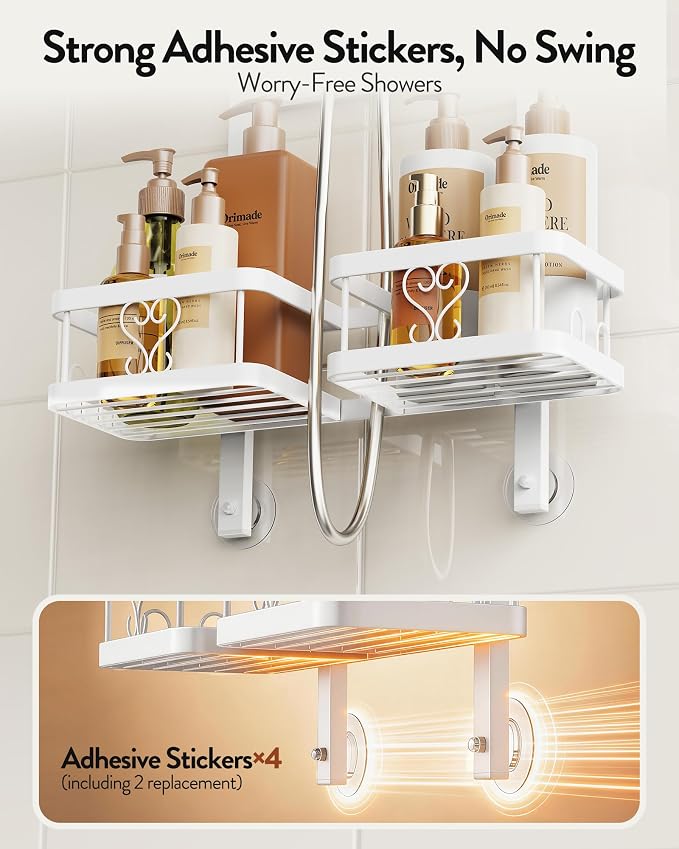 Orimade Adjustable Hanging Shower Caddy for Handheld Shower Heads, Rustproof Bathroom Shelf Organizer Over Showerhead Storage Rack with 8 Hooks, Easy-Clean Removable Baskets & Triple Anti-Slip, White