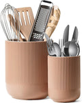 LE TAUCI Utensil Holder for Kitchen Counter, 7.3"+5.4" Fluted Ceramic Utensil Crock Organizer for Countertop, Heavy Large Holder for Spatulas, Spoons, Set of 2, Dusty Coral