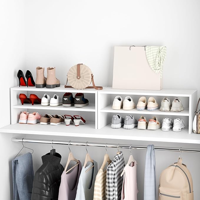 Whitmor Stackable 28" Extra Wide 2-Shelf Storage Organizer, Stackable Wood Combination Shoe Organizer Racks Shelves for Closets, Entryway, Hallway, Garage,White,2 Pack