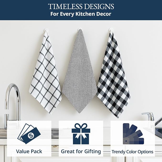 LANE LINEN Kitchen Towels Set – Pack of 6 Cotton Dish Cloths, 18”x28”, Soft & Quick-Drying Tea Towels for Cleaning – Black
