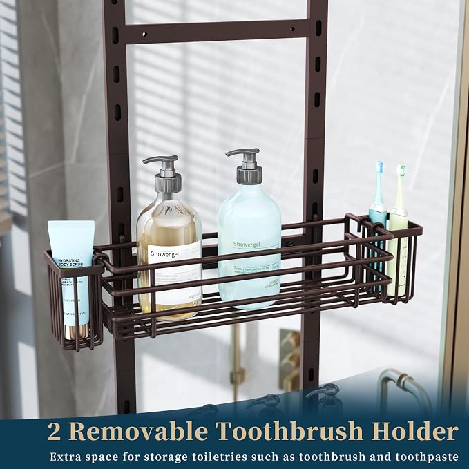 Consumest Over The Door Shower Caddy - 5 Tier Adjustable Shower Organizer Hanging with 2 Toothbrush Holders & 4 Hooks, Rustproof Organizer Shelf, Storage Rack for Bathroom, Bronze