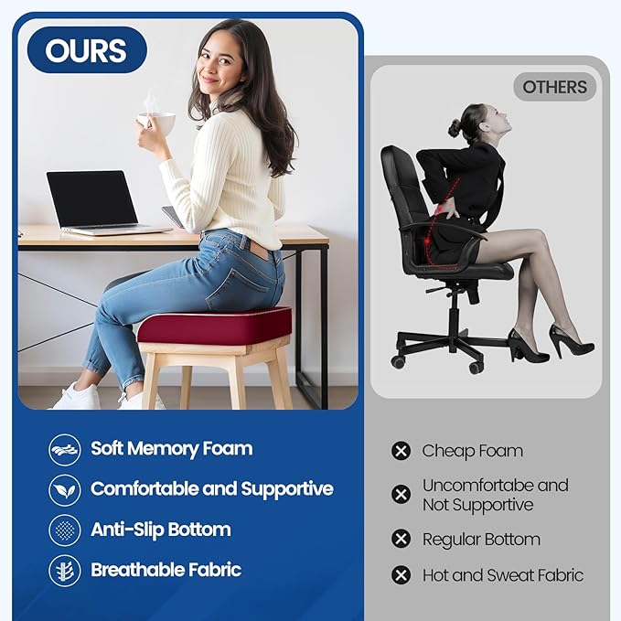 SweetSlubr Seat Cushion for Tailbone Pain Relief, Office Chair Cushion, Memory Foam Large Chair Cushion with Non-Slip Cover for Soft Support at Office Chair, Car Seat, Airplane Red/Large