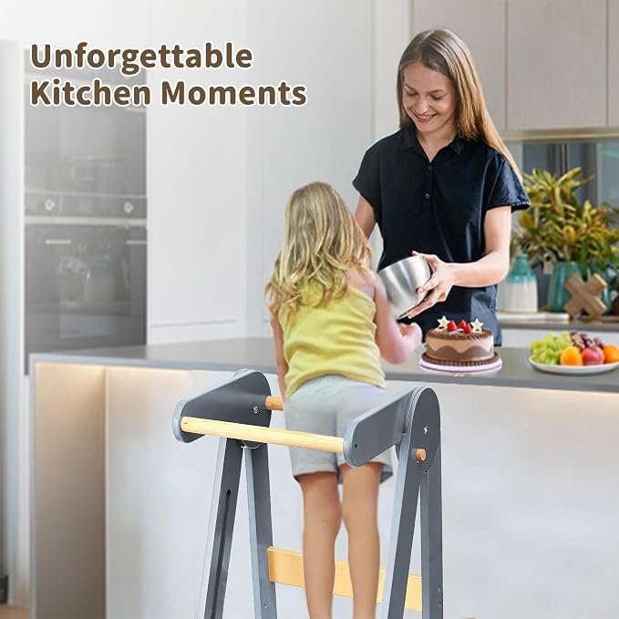 Foldable Toddler Tower Preassembled Kitchen Stool, Folding Tower for Learning with 3 Adjustable Heights Montessori Toddler Standing Tower for Kids Collapsible Wooden Step Stool, Light Gray