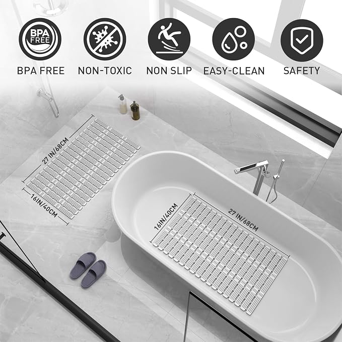 XIYUNTE Shower Mat Non Slip Bath Mat for Tub - 27 X 16 Inch TPE Bathtub Mat Non Slip Shower Mats for Inside Shower, Bath Tub Mat with Powerful Suction Cup, Easy to Cut and Dry, Grey