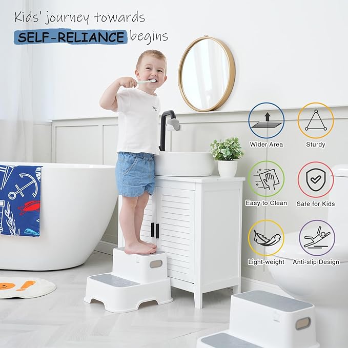 Harwaya Toddler Step Stool for Bathroom Sink 2 Pack, Kids Step Stools for Toilet Potty Training, Plastic Stepping Stool for Toddlers Child Kid Kitchen Bedroom Bed -White (Included Two Faucet Extender)