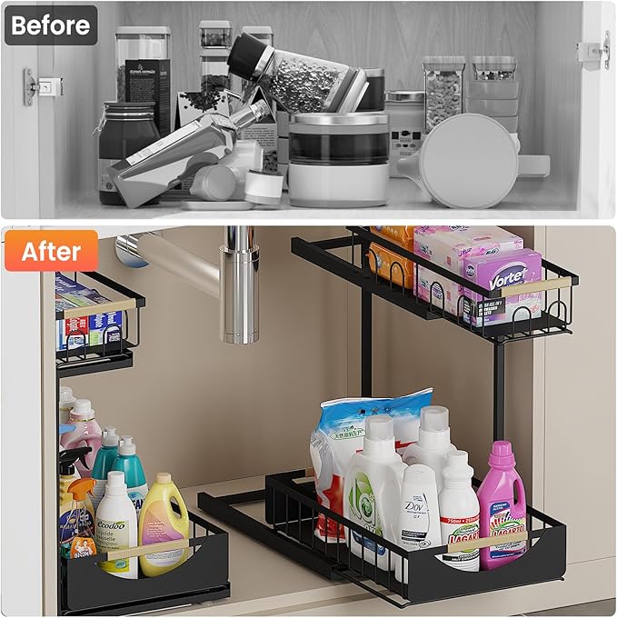 2 Pack 2 Tier Under Sink Organizer and Storage for Bathroom and Kitchen - Under Cabinet Pull Out Shelf Organizers - Sliding Out Drawer Organization for Home Cabinets Shelves and Drawers