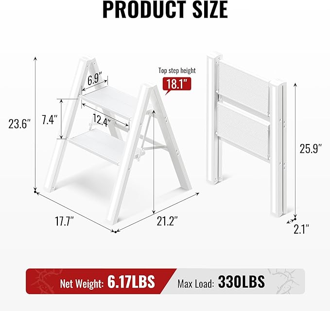 2 Step Ladder, Aluminum Folding 2 Step Stool with Anti-Slip Sturdy and Wide Pedal, Lightweight Portable Stepladder for Home and Kitchen Use Space Saving, Cream White, 330 lbs