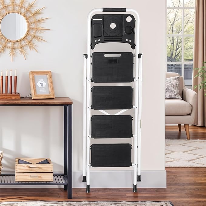 ZENY 4 Step Ladder, Folding Step Stool for Adults, Portable Steel Ladder with Tool Platform, Wide Anti-Slip Pedal, Safety Locking, Lightweight (White)