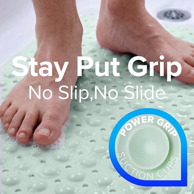 SlipX Solutions Power Grip Extra Long Bath Tub & Shower Mat 39x16, Wet Floor Non-Slip for Elderly & Kids Bathroom, 30% Longer Bathtub Mats, 200 Suction Cups, Drain Holes (1, Seafoam Green)