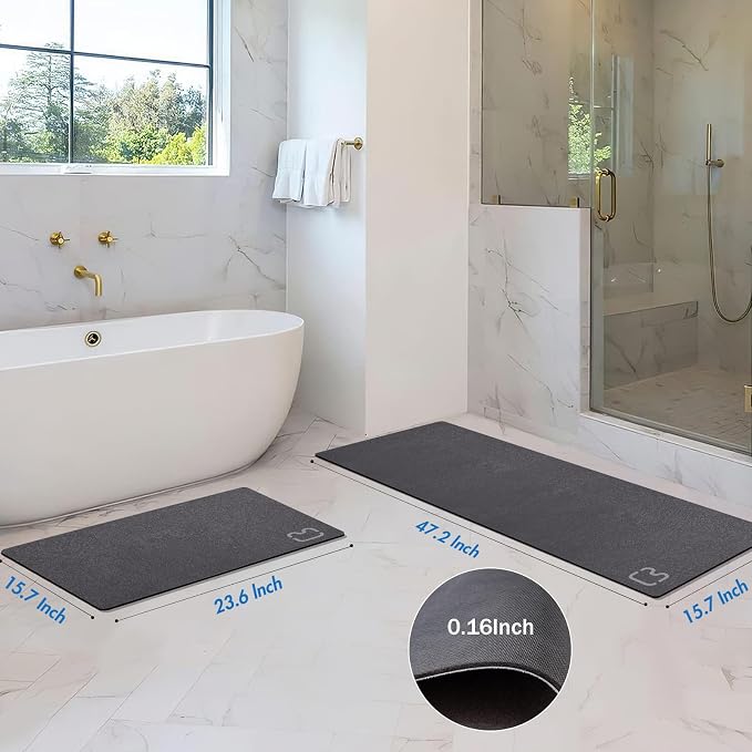 2 Piece Bathroom Rugs Mat Set - Quick Dry Diatomaceous Earth Bath Mat for Bathroom Non-Slip Bath Rug with Rubber Backing, Absorbent Bath Mats Thin Bath Floor Mat, 15.7x23.6+15.7x47.2 Inch, Dark Grey