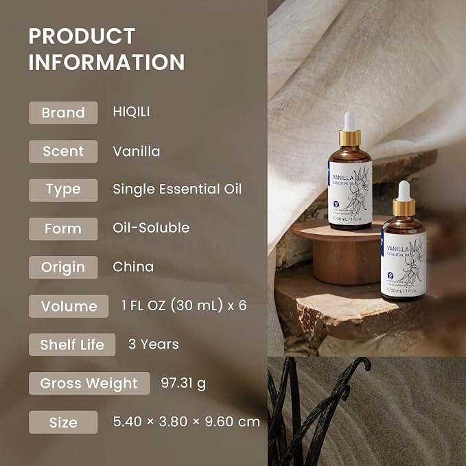 HIQILI Vanilla Essential Oil Set-1 fl oz (6 Pack), 100% Pure Natural with Stable Quality, Bulk Pack for Business Purchase