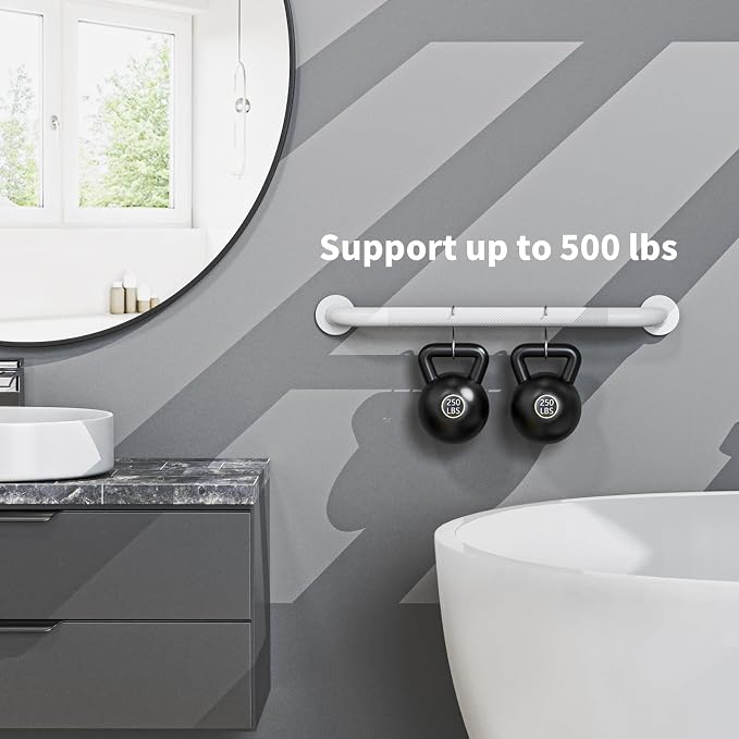 White Grab Bar 24 Inch, iHansee Anti-Slip Bathroom Grab Bar w/Knurled Grip, Stainless Steel Safety Handrail for Toilet Bathtub Shower, Wall Mounted Matte Black Handicap Bars Handle for Senior Elderly