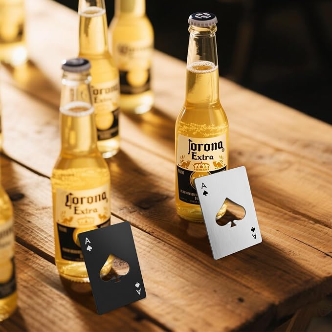 6PCS Poker Card Bottle Openers, Stainless Steel Credit Card Size Beer Bottle Opener - 3 Black & 3 Silver Poker Themed Cap Openers (Ace of Spades Design)