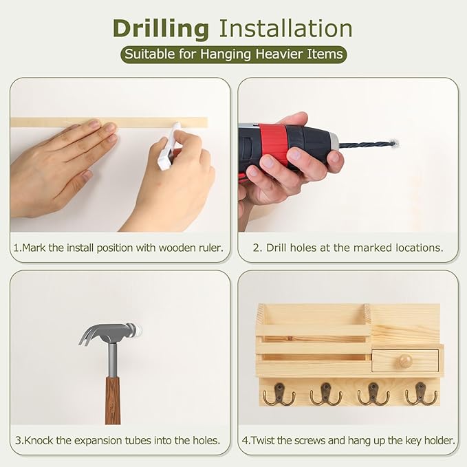 Key Holder Wall Mount, Wooden Adhesive Mail and Key Organizer with Drawer, Small Shelf, 8 Hooks, 2 Installation Methods, Natural