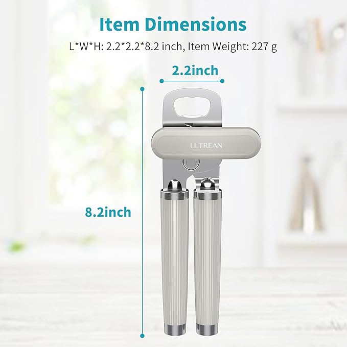 Ultrean Manual Can Opener Bottle Opener, Heavy Duty Stainless Steel Smooth Edge Manual Hand Held Can Opener With Soft Touch Handle, Rust Proof Oversized Handheld Easy Turn Knob (Light Gray)