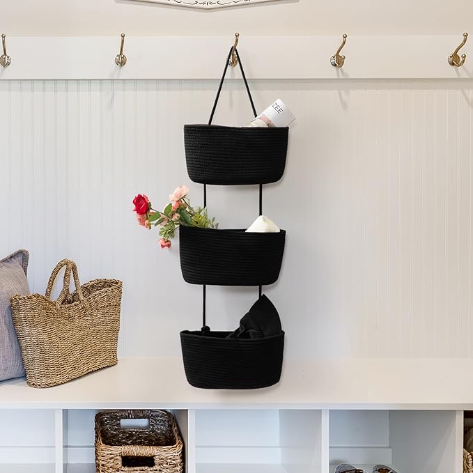 TeoKJ Over the Door Hanging Basket, 3-Tier Woven Cotton Wall-Mounted Storage Organizer Bag Decorative Hanging Nursery Baskets, Black