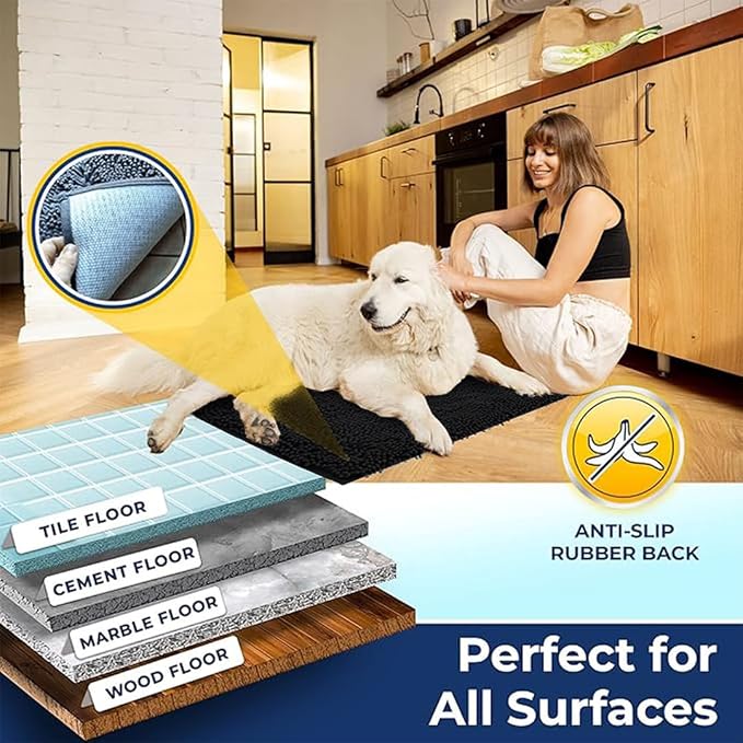 Muddy Mat® | Chenille Bathroom Rugs Quick Dry Microfiber Mats Non Slip Washable, Extra Thick, Soft and Highly Absorbent Bath Mats for Bathroom, Kitchen, and Shower Floor - Black 24"x35"