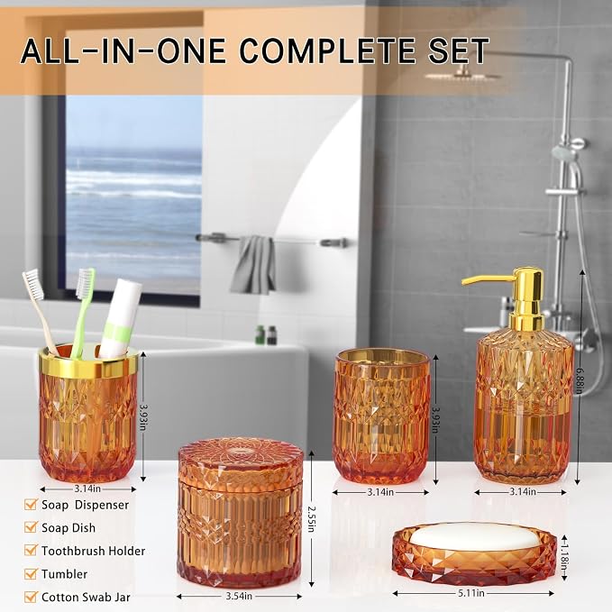 Orange Glass Bathroom Accessories Set 5 Pcs, Orange Bathroom Set, Soap Dispenser and Toothbrush Holder Set, Qtip Holder Set, Vintage Bathroom Sink Set, Cute Bathroom Decor