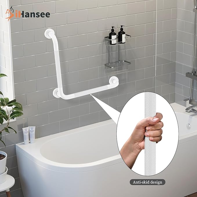 Angled Grab Bar - 16x16 Inch Stainless Steel Knurled Toilet Handles Wall Mounted Bathroom Handicap Safety Rails for Elderly Injured Balance Support, L-Shaped White Grab Bar for Shower