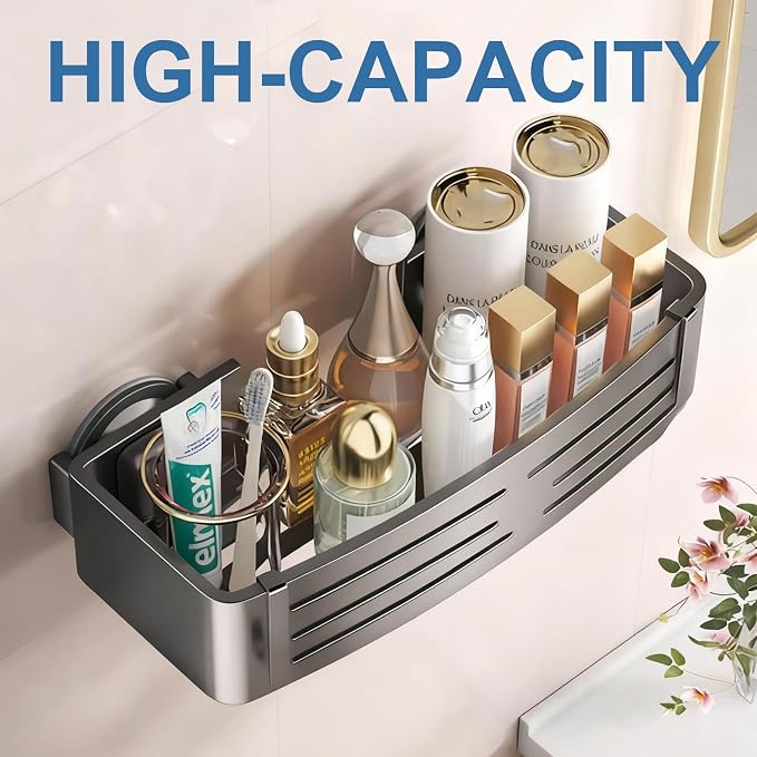 2Pcs Suction Cup Shower Caddy,Upgrade Extra-Strong Suction Shower Shelves with Hooks,No Drilling Waterproof & Rustproof Bathroom Organizers and Storage,Reusable Shower Racks for Shampoo and Toiletries