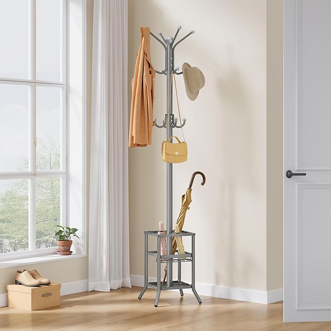 FAVOOSTY Coat Rack Freestanding,Coat Rack Stand with Umbrella Holder,Metal Coat Tree with 12 Hooks,Tree Clothes Hat for Entryway, Hallway, Bedroom, Living Room & Office - Silver Grey