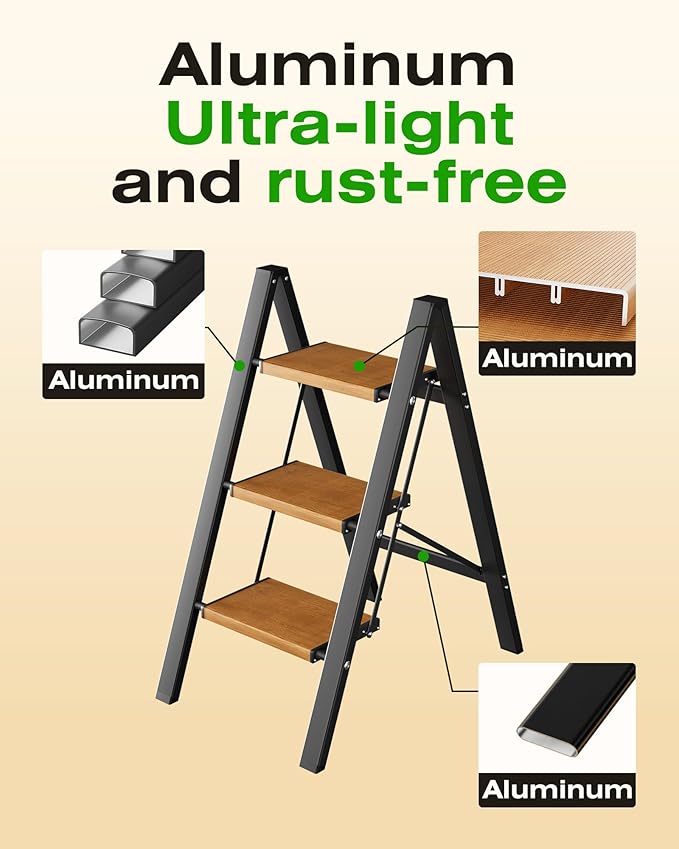 Taranta 3 Step Ladder,Aluminum Lightweight Folding 3 Step Stool with Anti-Slip Wide Pedal, 330lbs Capacity Step Ladder for Household,Kitchen,Office - BlackWoodgrain