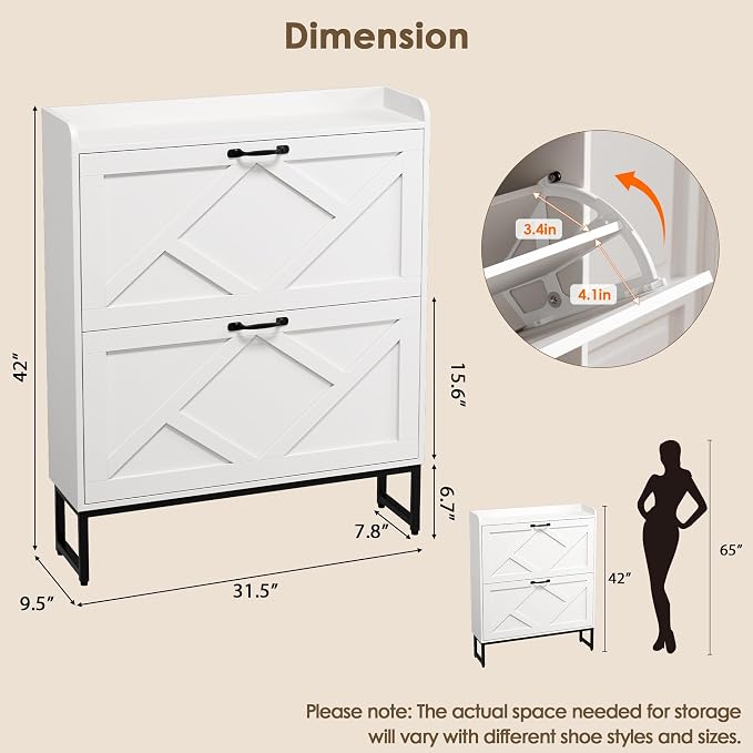 Nicetree Shoe Cabinet with 2 Flip Drawers, Freestanding Shoe Organizer, Shoe Cabinet with Metal Legs, Narrow Shoe Rack Cabinet for Entryway, Foyer, Hallway, White