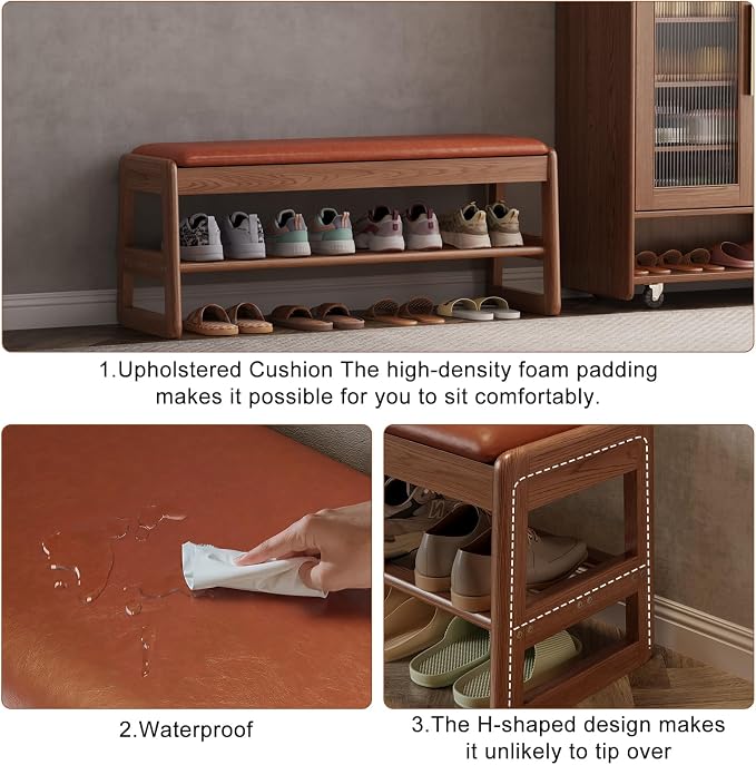 AQIMUELE Shoe Rack Bench,2 Tiers Shoe Bench with Storage with Flip-Top,Wood Shoe Rack for Entryway,Hallway（Orange Upholstered Seat,11.8" D x 39.3" W x 15.7" H）