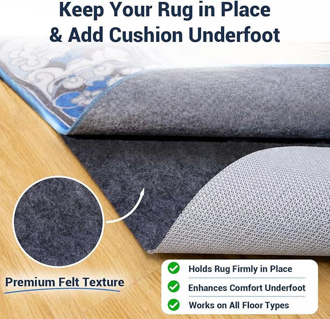 Non Slip Rug Pad 8x10 Ft, 1/8 Inch Thin Felt & Rubber Backing, Non Skid Rug Gripper for Hardwood Floors, Anti-Slip Carpet Pad for Area Rugs, Floor Protection, Moisture Resistant & Easy Trim