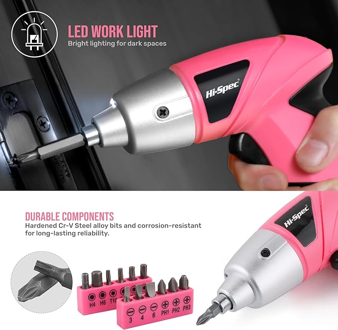 Hi-Spec Cordless Electric Screwdriver, Power Screw Driver Set with Pink Compact Tool Kit for Small Repair and Maintenance- Ideal Housewarming Gift,19 Piece