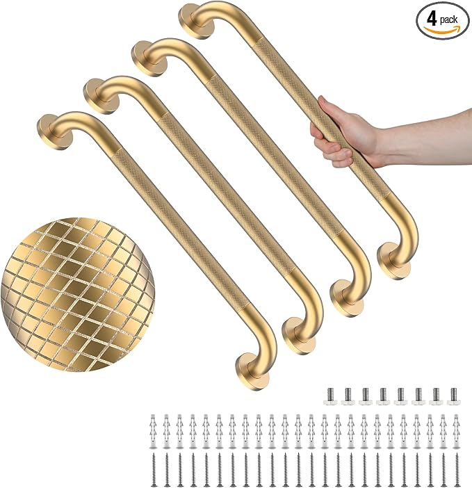 4 Pack 24 Inch Shower Grab Bar, YuanDe Gold Bathroom Grab Bar Handle w/Anti-Slip Knurled Grip, Stainless Steel Bath Balance Bar, 1.25" Diameter Safety Hand Rail Support,Handicap Injury Elderly Senior