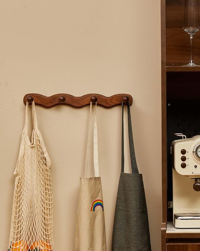 Wood Coat Rack Wall Mount - 4Pack Walnut Coat Hooks for Hanging Clothes,Keys, Robes,Purse,Towels,Bags,Backpack, Modern Decorative Wall hooks Heavy Duty Hanger Organizer for Bathroom,Entryway & Bedroom