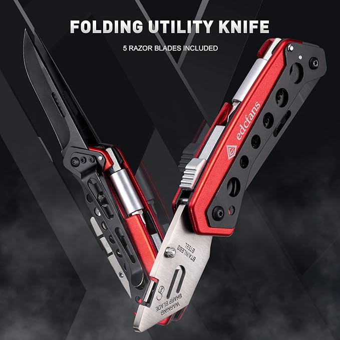 edcfans Folding Utility Knife Box Cutter with 5 Razor Blades, Pocket Utility Knives, Screwdriver, Saw, Lock Design, Clip and Holder for Belt, EDC Heavy Duty Work Knifes, Fathers Day Dad Gifts for Papa